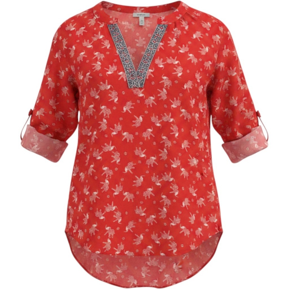Society Girl Red Elephant Print Roll Tab Sleeve Boho Blouse Large